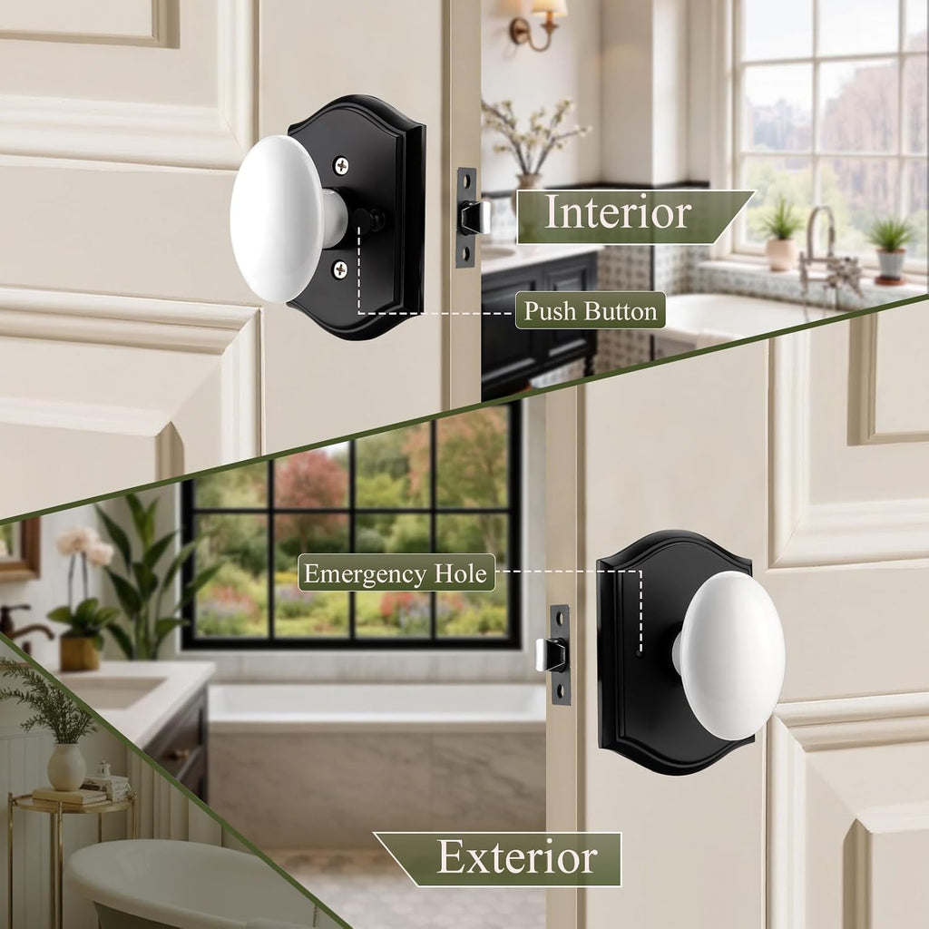White Door Knobs with Black Trim, Egg Porcela Door Handles