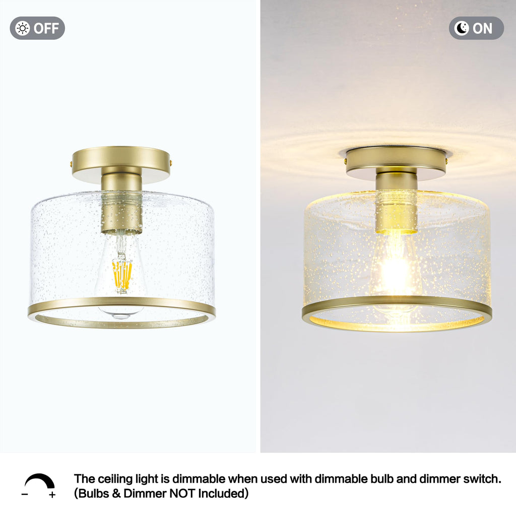 Modern Flush Mount Ceiling Light, Seeded Glass Ceiling Light Fixture, Gold Light Fixture