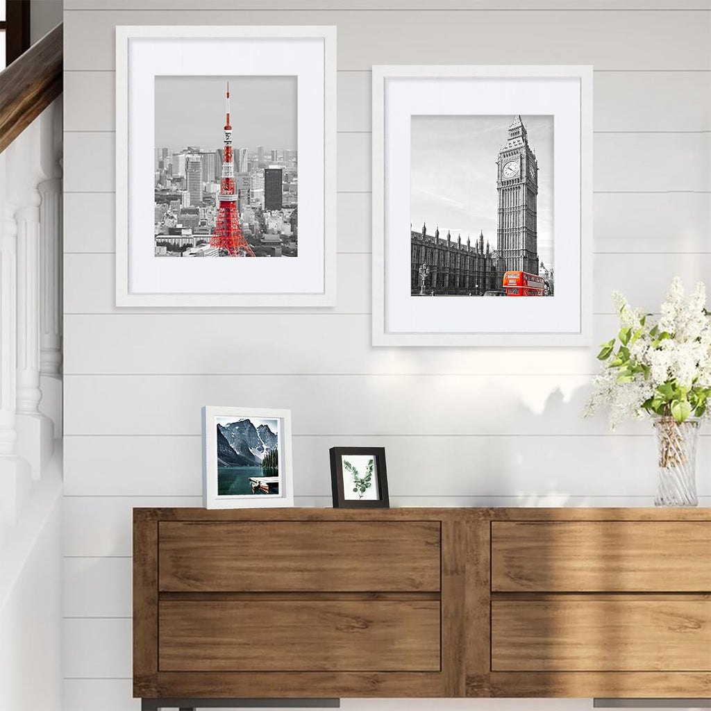 11x14 Picture Frames set of 3, Made of Glass and White Wooden Photo frame - Displays 8x10 Picture with Mat or 11 x 14