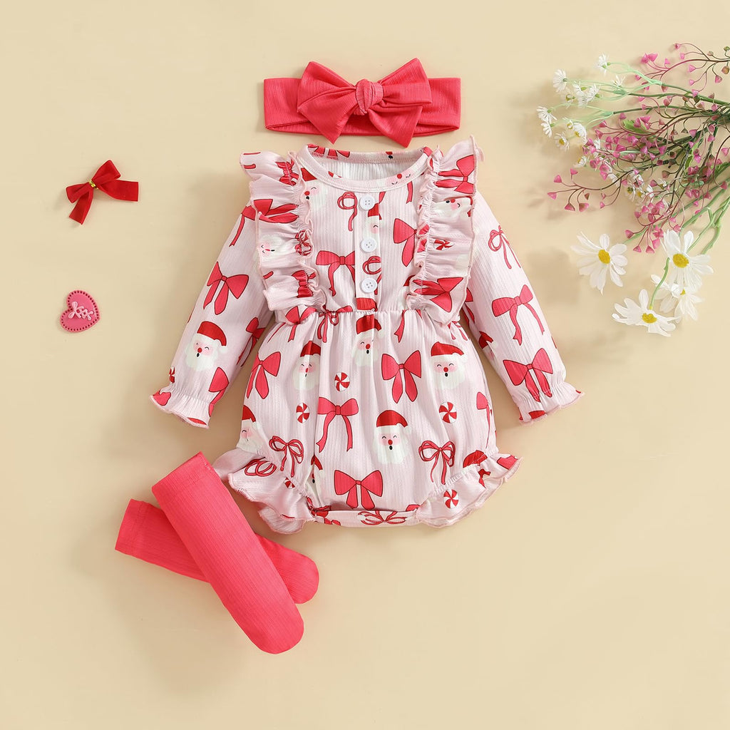 My First Christmas Baby Girl Outfit Newborn Santa Bow Ruffle Onesie Infant Long Sleeve Romper Fall Winter Clothes (B