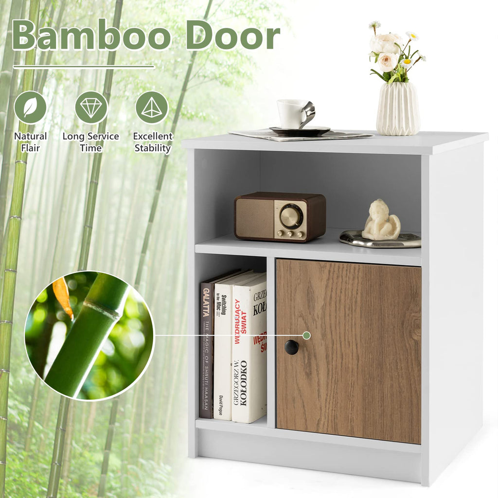 Nightstand Set of 2, Wooden Sofa Side with Bamboo Door & Open Compartments, Multifunctional 3 Tier Bedside Table