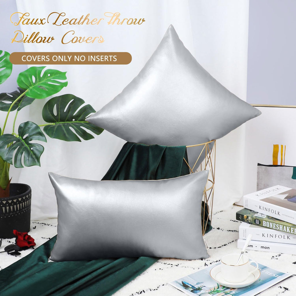 Faux Leather Throw Pillow Covers 16x16 Inches, Silver, 2 Pack