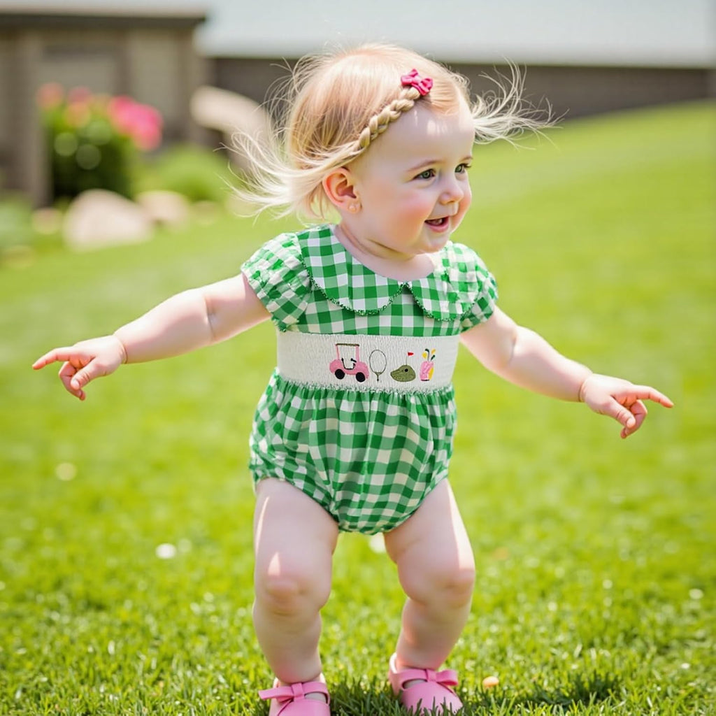 Baby Girl Smocked Bubble Romper Golf Embroidery Short Sleeve Peter Pan Collar Bodysuit Newborn Summer Clothes