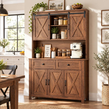 67.7" Farmhouse Pantry Storage Cabinet with Sliding Barn Doors, 2 Drawer Coffee Hutch Cabinet, Walnut