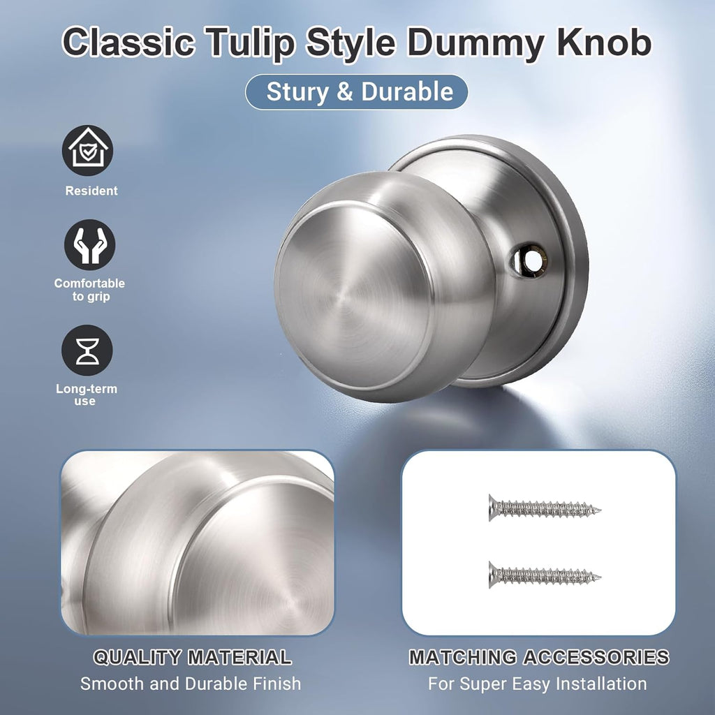6 Pack Non-Turning Dummy Knobs - Keyless Closet Door Knobs Interior, Satin Nickel, Individual, Single Side