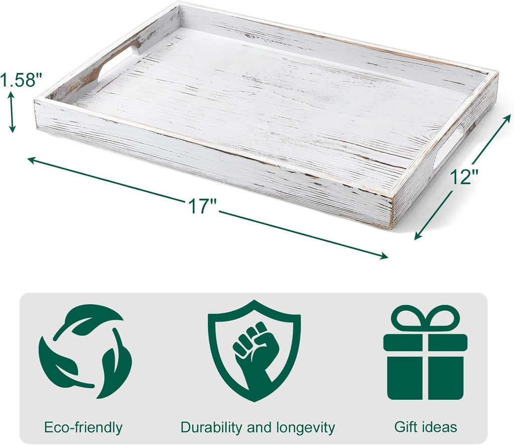 17 Inch Rustic White Serving Tray with Handles - Large Wooden Tray for Ottoman