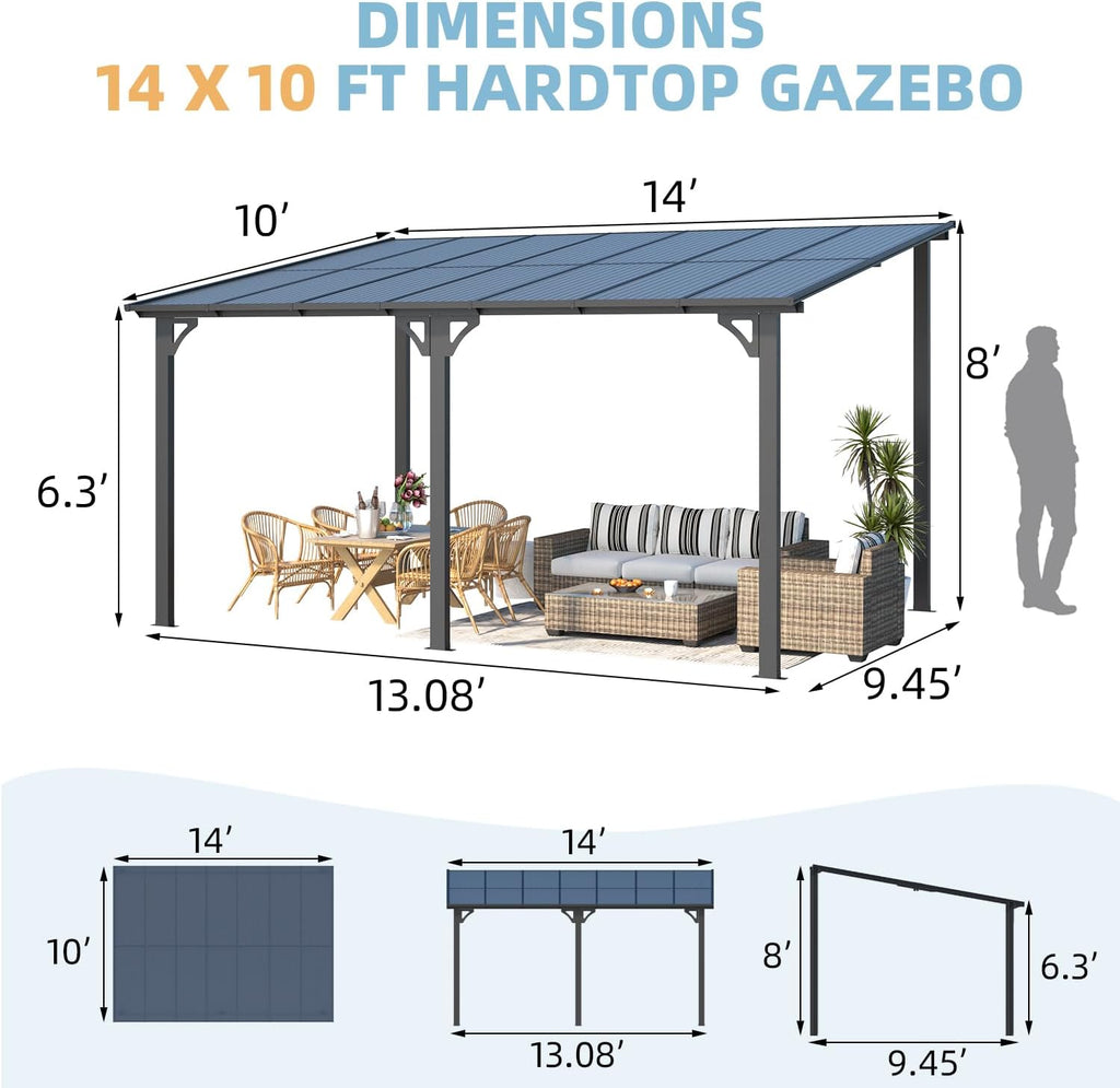 14' x 10' Gazebo for Patio, Hard Top Lean to Gazebo Pergola with Roof (140 Sq.Ft Shaded)