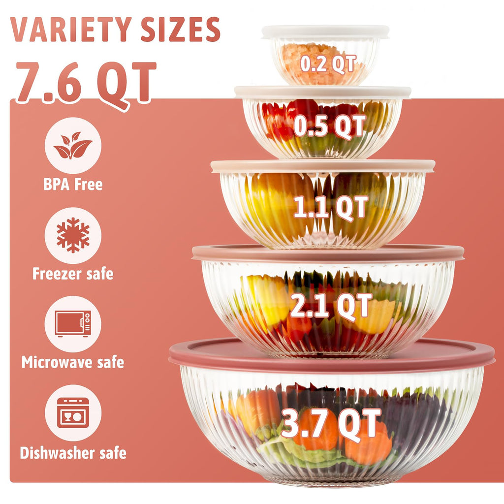 Glass Mixing Bowls with Lids Sets, 5 PCS Serving Bowls for Party or Kitchen