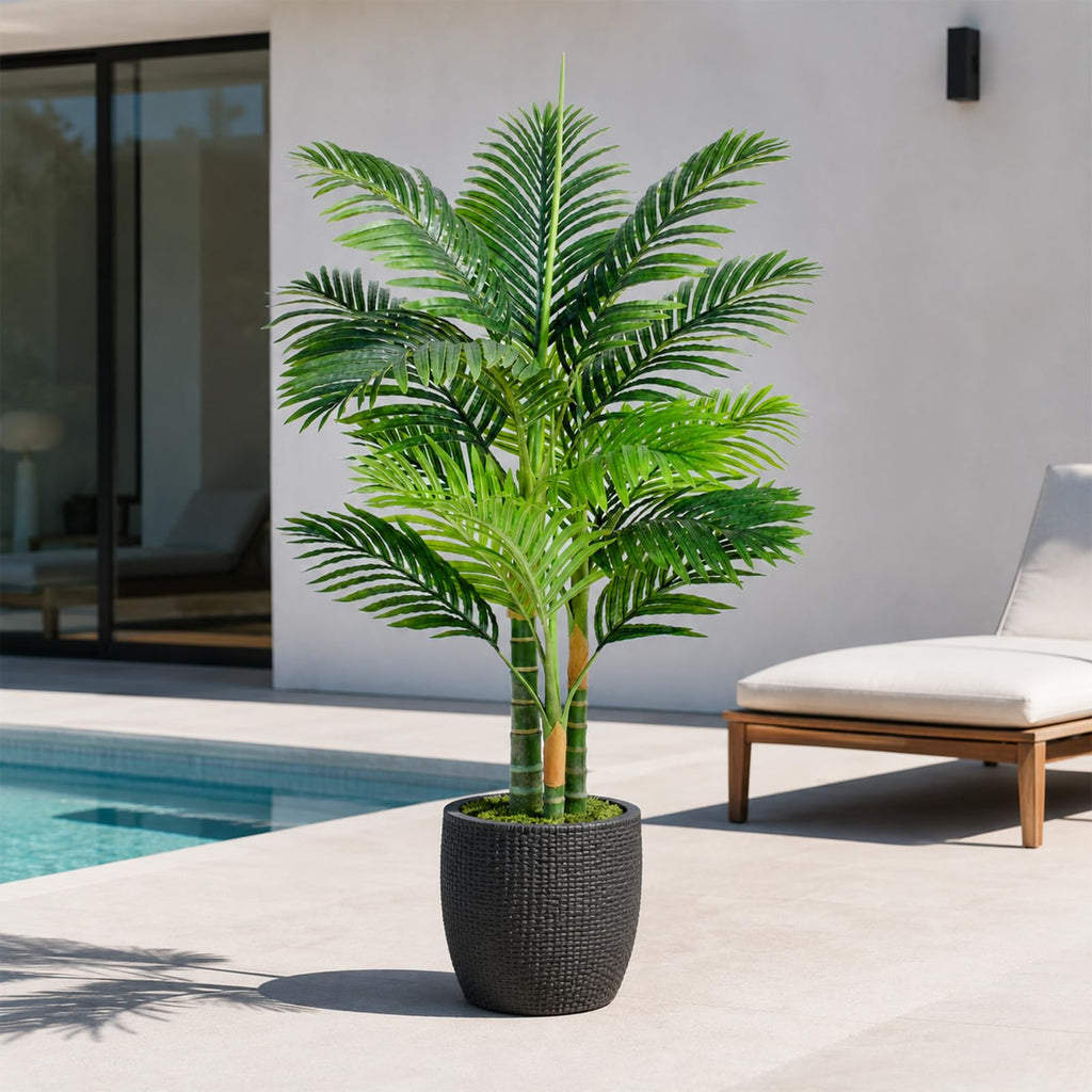 4FT Artificial Palm Tree - Tropical Faux Golden Cane Palm Tree UV Resistant Tall Fake Plant Indoor with Black Pot