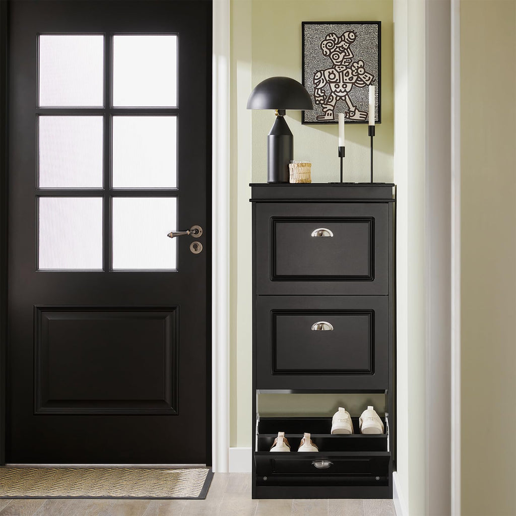 Black Shoe Cabinet with 3 Flip Drawers, Narrow Freestanding Shoe Rack Entryway, Hidden Slim Shoe Rack with Drawer