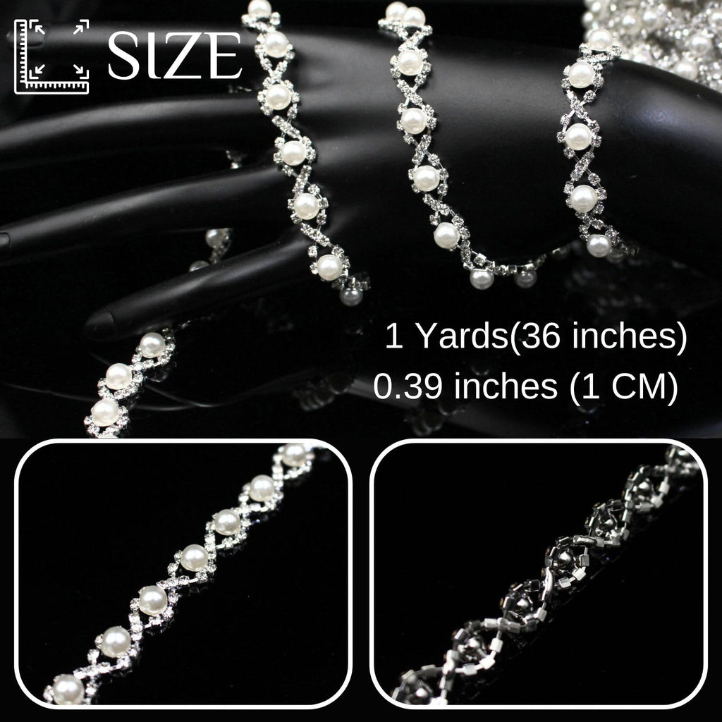 Pearl Trim Chain Rhinestone Silver String Crystal Applique Fringe Ribbon Strips Beads Sewing Dress DIY Party - 1 Yard