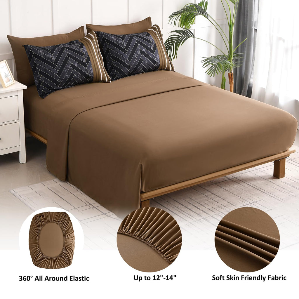 Brown Comforter Set Queen, 7 Pieces Boho Striped Bed in a Bag Set