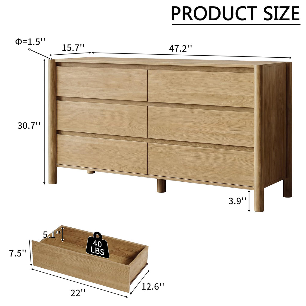 Oak Dresser, 47" Wide 6 Drawer Mid Century Modern Chest