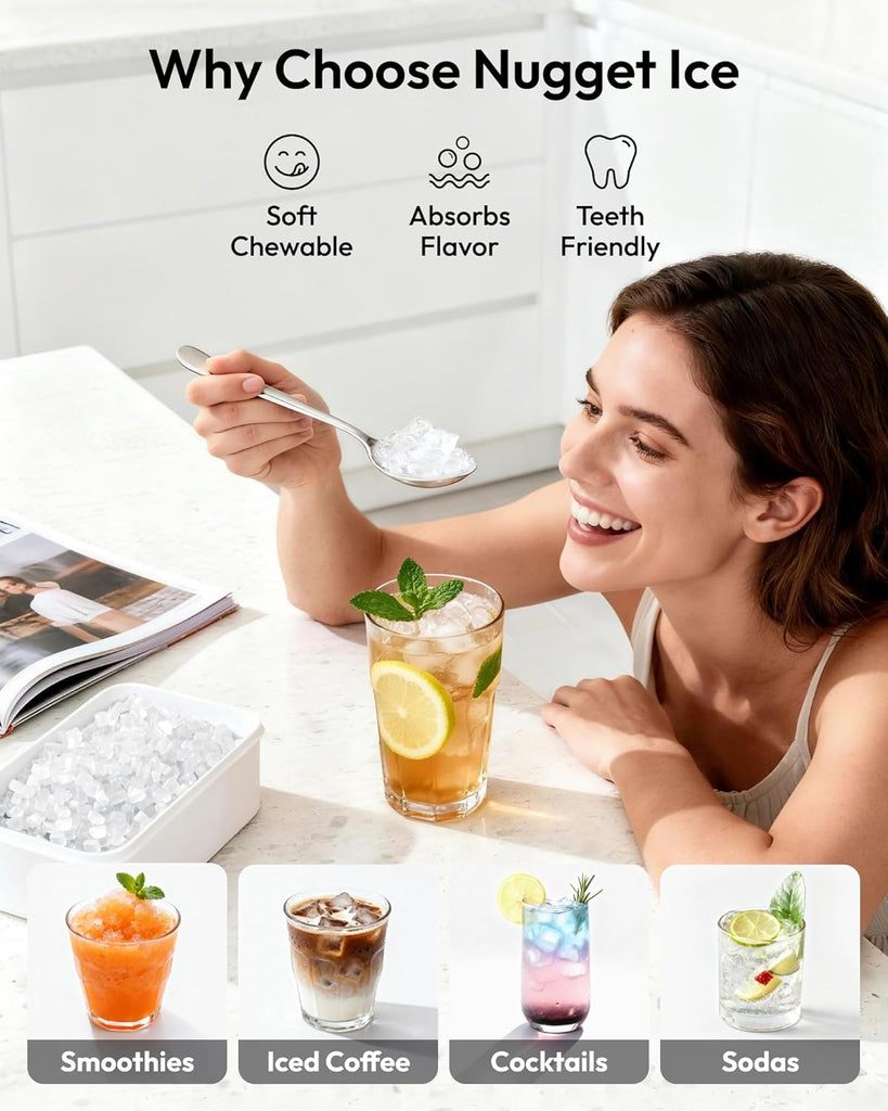 Nugget Ice Maker Countertop with Handle, Ready in 6 Mins, 38lbs/Day, Removable Top Cover, Self-Cleaning, Portable