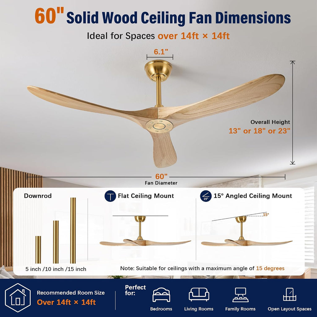 Inspired Maverick Style 60" wood ceiling fan, Brass Gold
