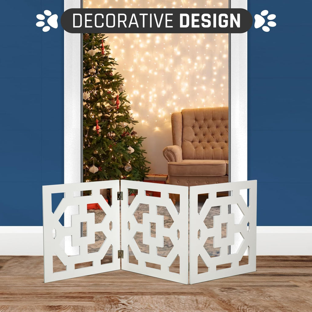 Freestanding Dog Gate Expandable Decorative Wooden Fence for Small to Medium Pet Dogs, Barrier for Stairs, Doorways