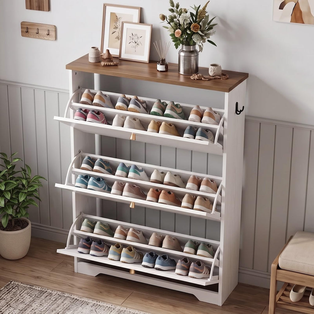 Shoe Cabinet, 3 Flip Drawers Slim White Walnut Top Entry Storage