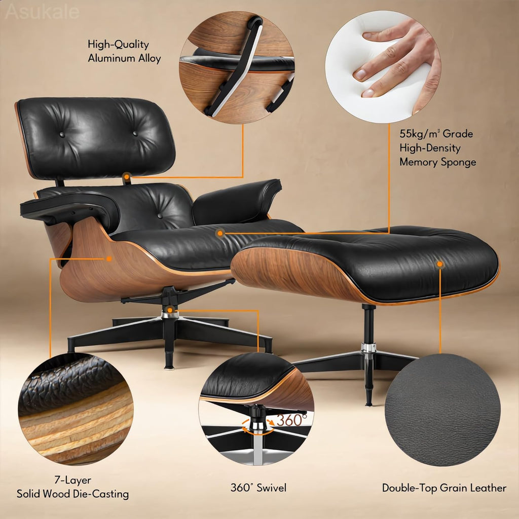 Modern Reading Chair and Ottoman — Walnut Leather