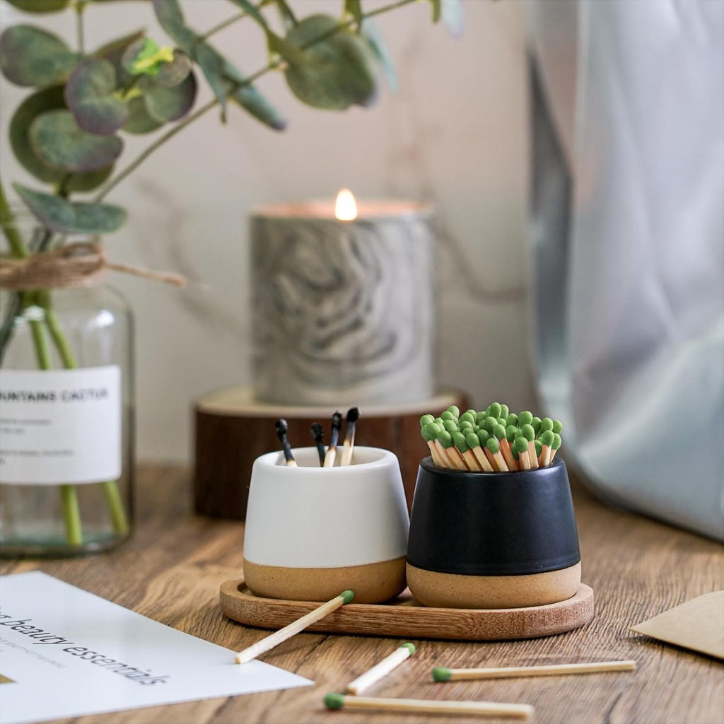 Ceramic Match Holder with Striker - Match Container With Wooden Tray Matchstick Holder Bathroom Candle - Set of 2
