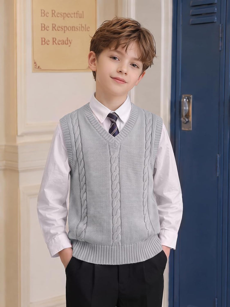 Boys V Neck Cable Knit School Uniform Sweater Vest