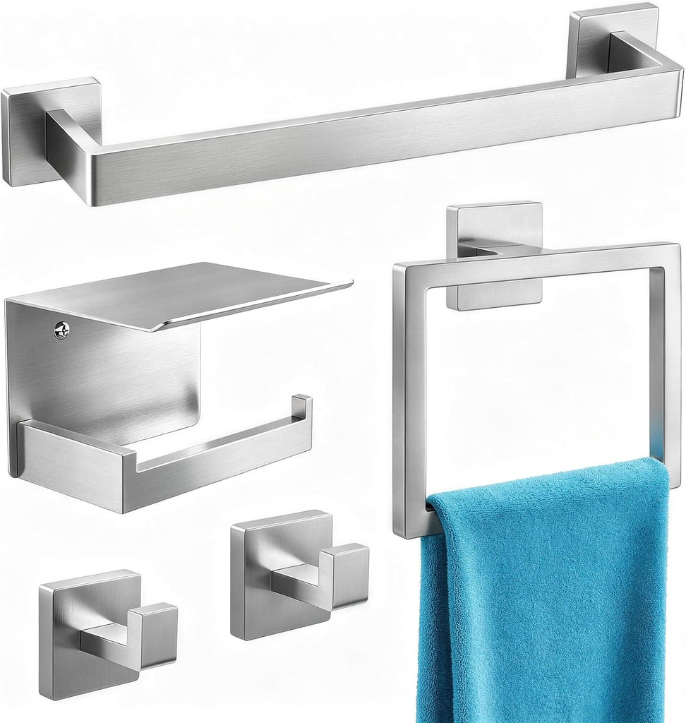 5-Piece Bathroom Accessories Hardware Set Brushed Nickel | Stainless Steel Towel Racks , 16 Inch Bath Towel Bar Set