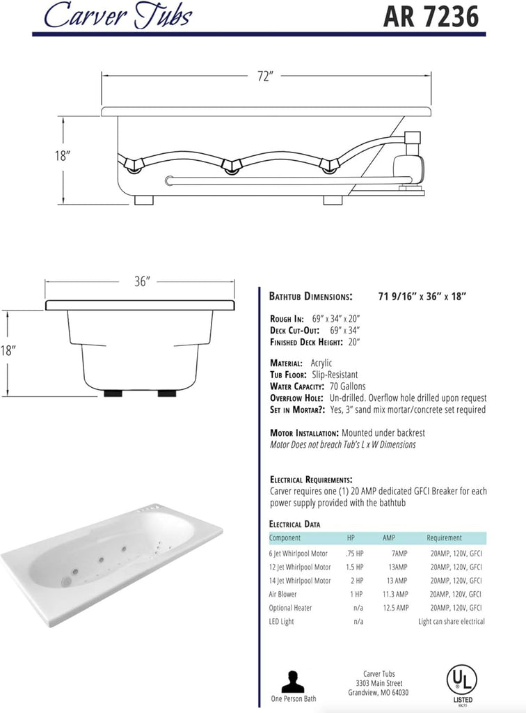 Tubs - AR7236 - Soaking White Rectangle Modern Acrylic Bathtub - 72"L x 36"W x 18"H - Builtin Armrest