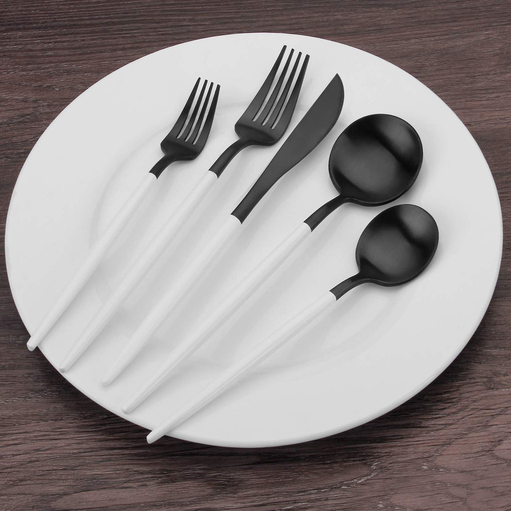 Matte Black Silverware Set with white handle, 20-Piece Stainless Steel Flatware Set, Kitchen Utensil Set Service for