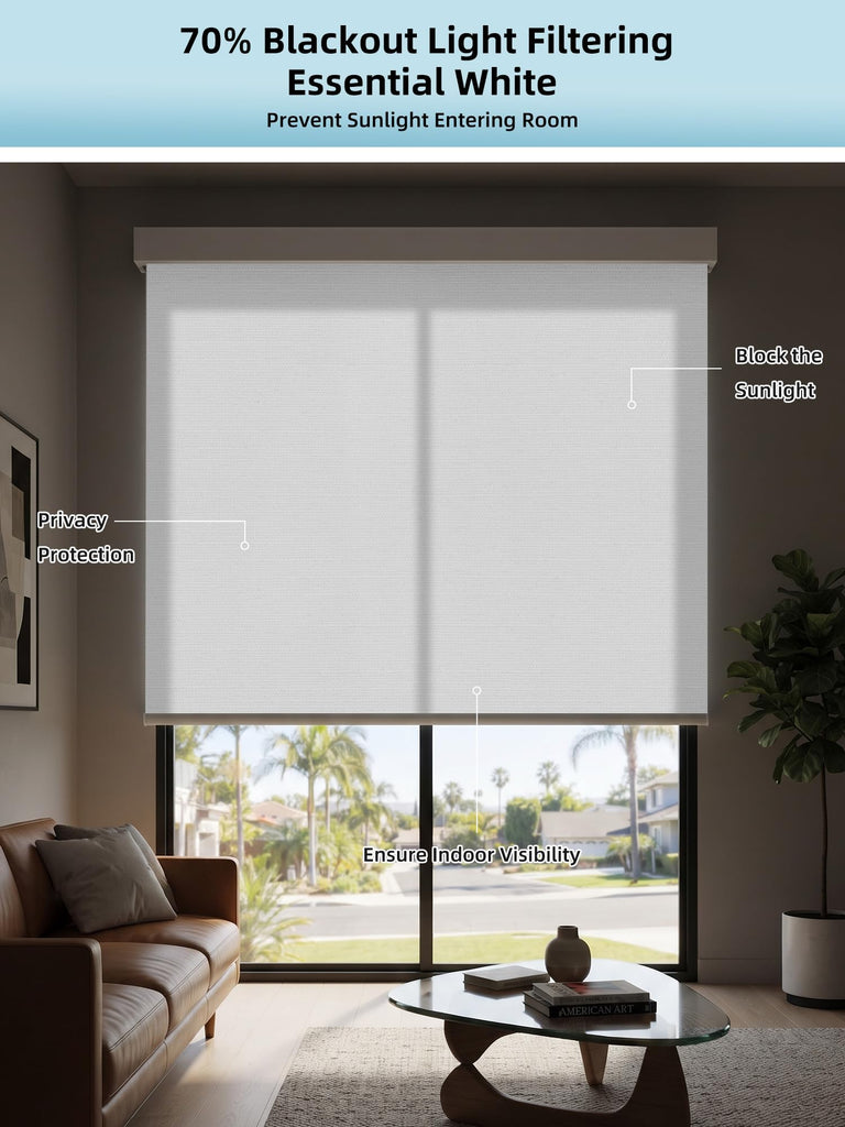 Motorized Smart Roller Shades, 70% Blackout Essential White