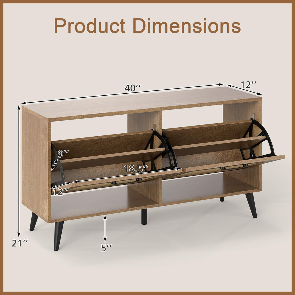 Rattan Shoe Storage Cabinet with 2 Flip Drawers, Hidden Shoe Storage Organizer with Adjustable Shelves and Metal