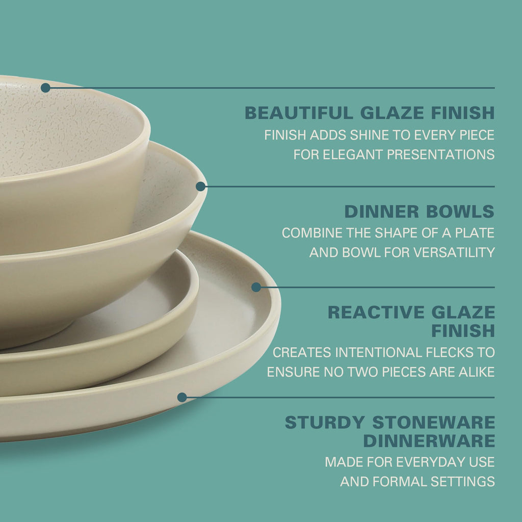 Tribeca Loft 16-Piece Dinnerware Set - Matte Cream and White Reactive Glaze Stoneware, Double Bowl Round Plates