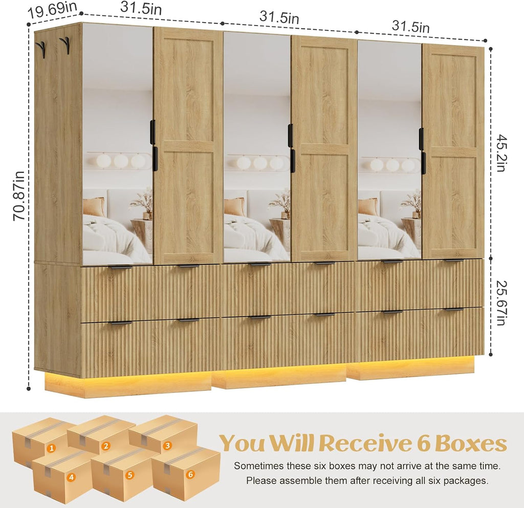 6 Doors Armoire Wardrobe Closet, 94.5"W Armoire with 3 Pegboards | Armoires and Wardrobes with 6 Drawers, 3 Mirrors