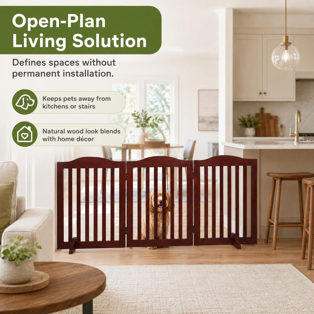 Freestanding Foldable Wood Pet Gate, 24in 3-Panel Step-Over Fence