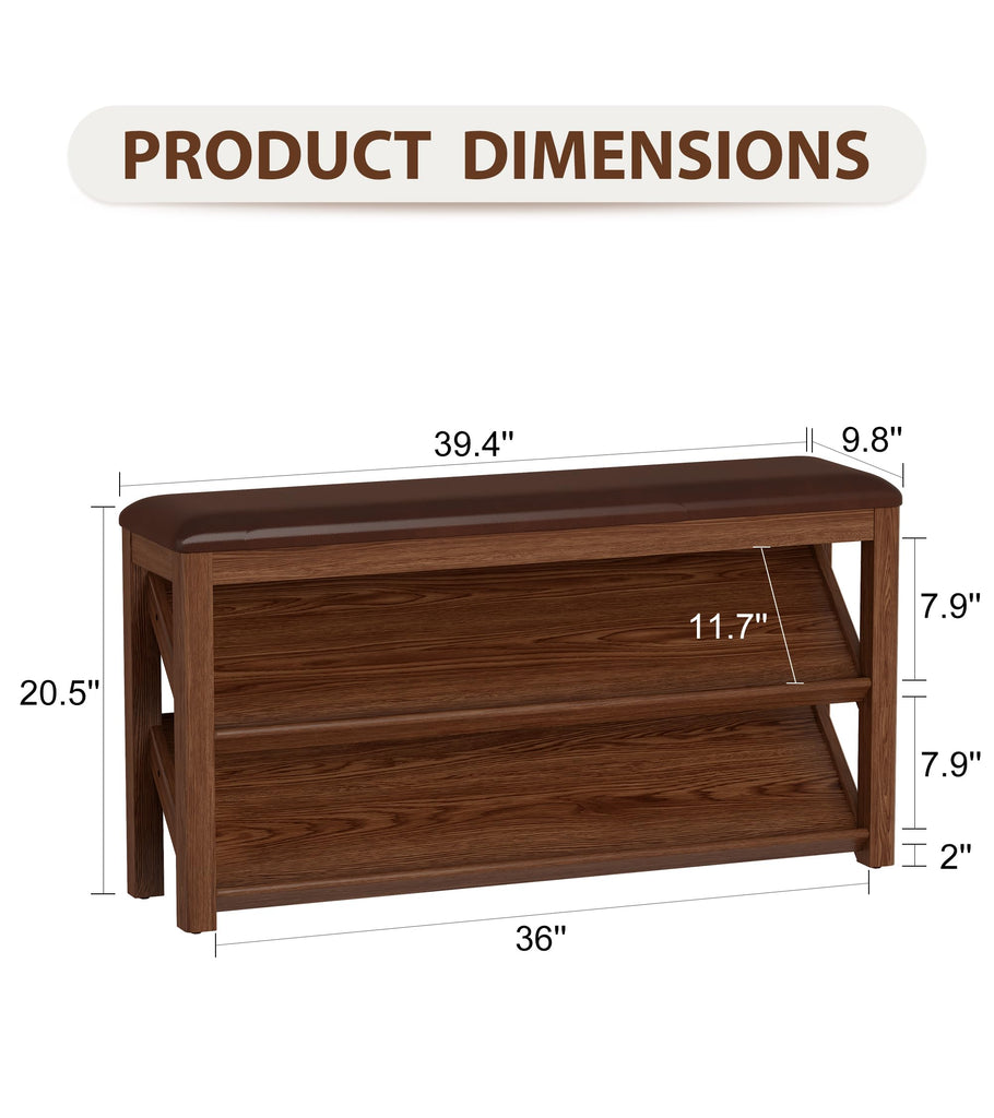 Rubberwood Shoe Bench with Leather Cushion and Slanted Shelves