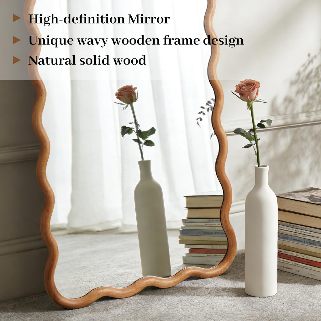 24"x65" Full Length Mirror with Wood Frame, Natural Wood Wavy Mirror, Decorative Floor or Wall Mounted Mirror and