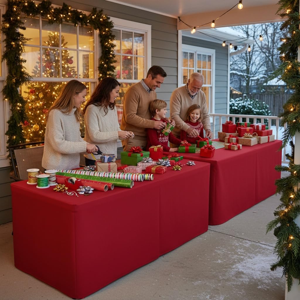 Open Back Fitted Red Tablecloths for 4ft Rectangle Tables, Christmas 2 Pcs