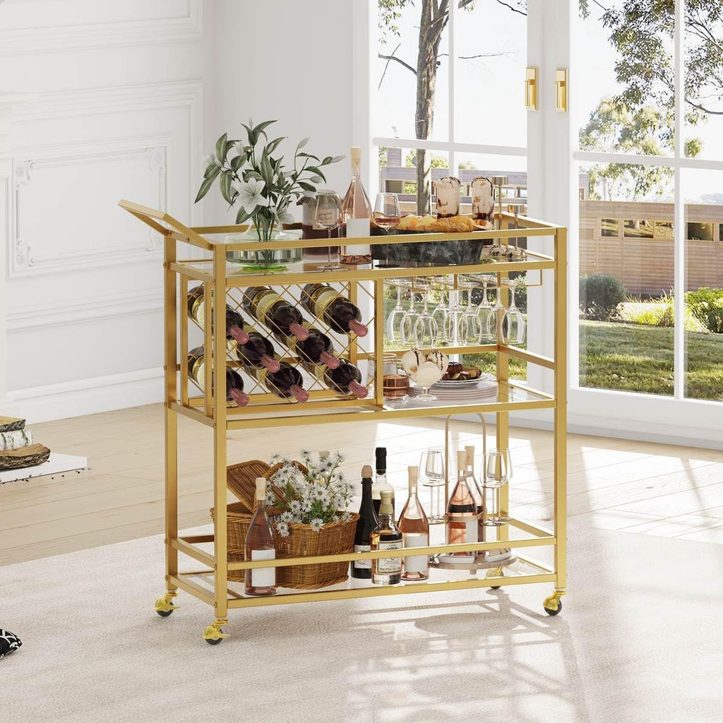 Bar Cart Gold, Home Bar Serving Cart with Wine Rack and Glasses Holder, Wine Carts on Wheels with 3 Tier Mirrored