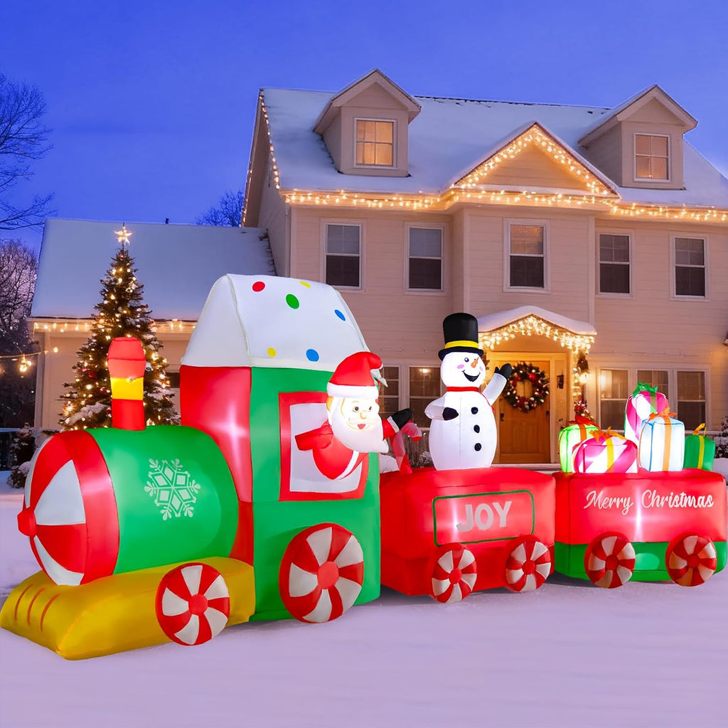 12ft Christmas Inflatables Train with Santa Claus, Christmas Blow Up Yard Decorations with Built-in LED, Christmas