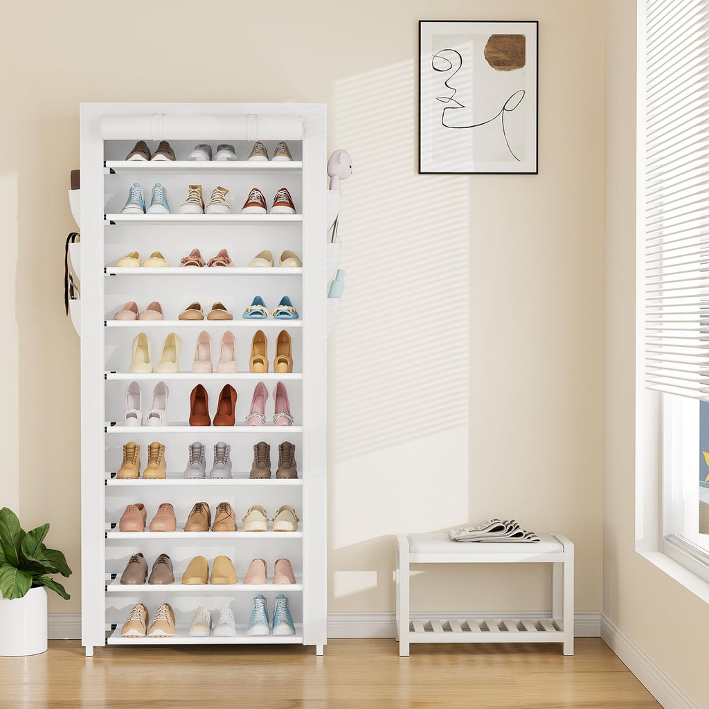 Shoe Rack with Cover 10 Tier Vertical Narrow Tall Shoe Shelf, White