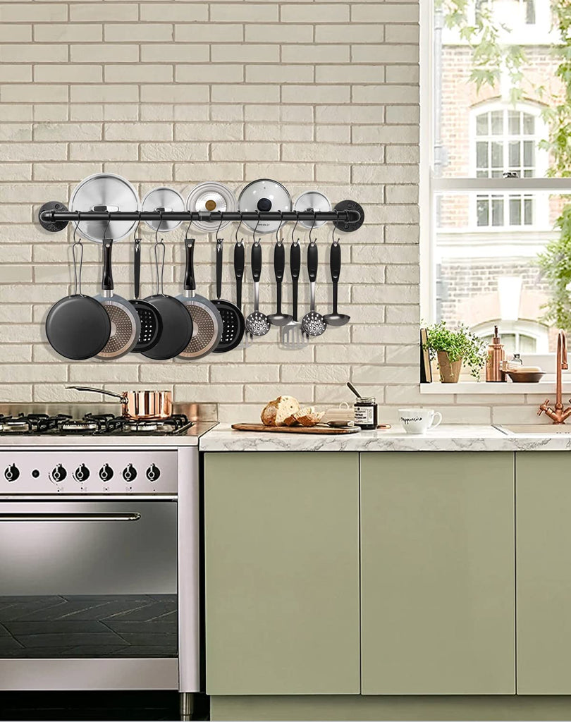 Industrial Pipe Pot Pan Rack 21" (2 Pack), Wall mount Pot hangers Pan Hanging Rail Lid Hanger with 10 S Hooks