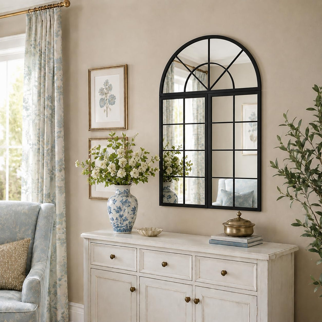 Large Black Arched Window Mirror, 32 x 47.2 in, 3-Piece Set