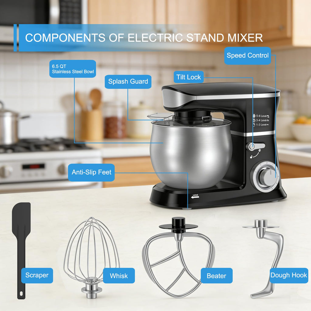Electric Stand Mixer, Kitchen Mixer 6.5-Quart Tilt-Head, 6 Speeds with Dough Hook, Whisk, Beater, and Splash Guard
