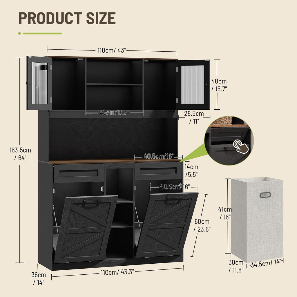 Tall Tilt-Out Double Laundry Hamper Cabinet with 2x11-Gallon Laundry Basket, Trash Bin Cabinet with Fluted Glass