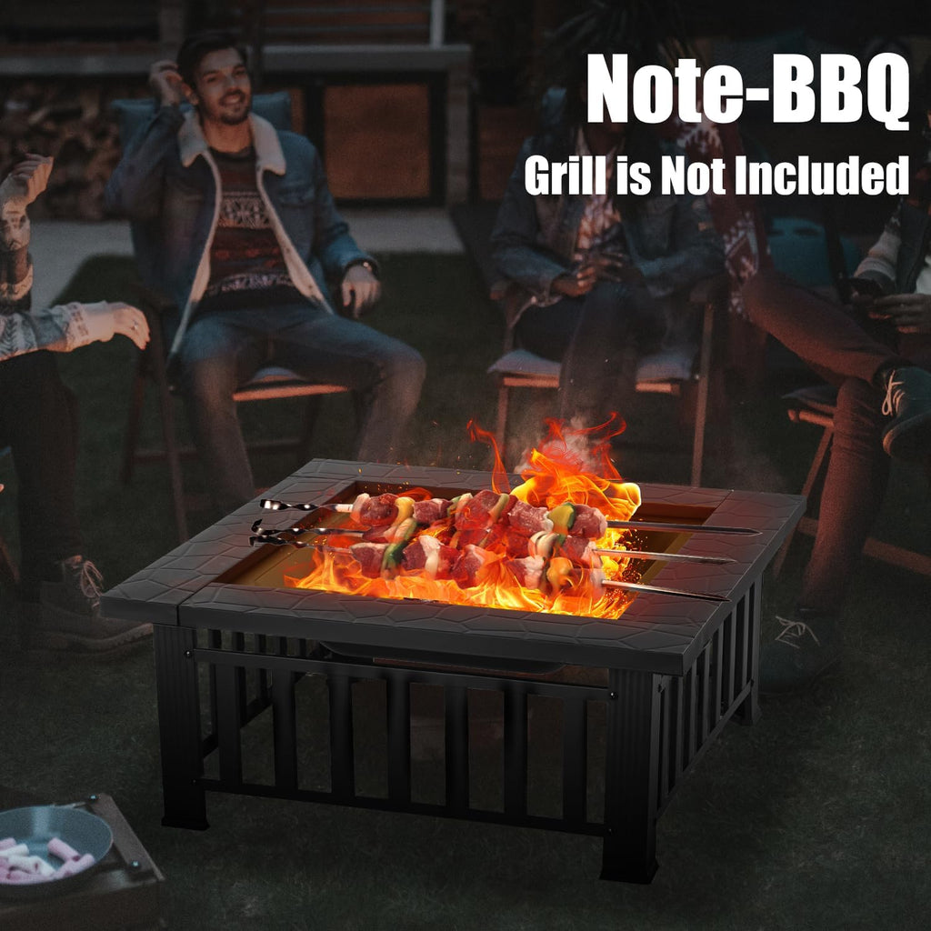 32 inch Fire Pit, Square Outdoor Fire Pit Table with Spark Screen & Fire Poker
