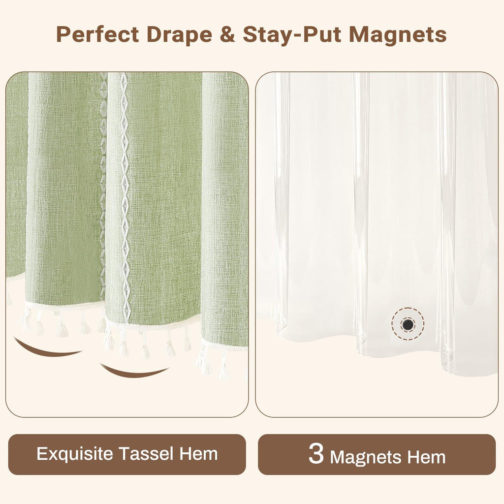 3 in 1 Boho Long Linen Shower Curtain with Liner, Sage Green, 72x78