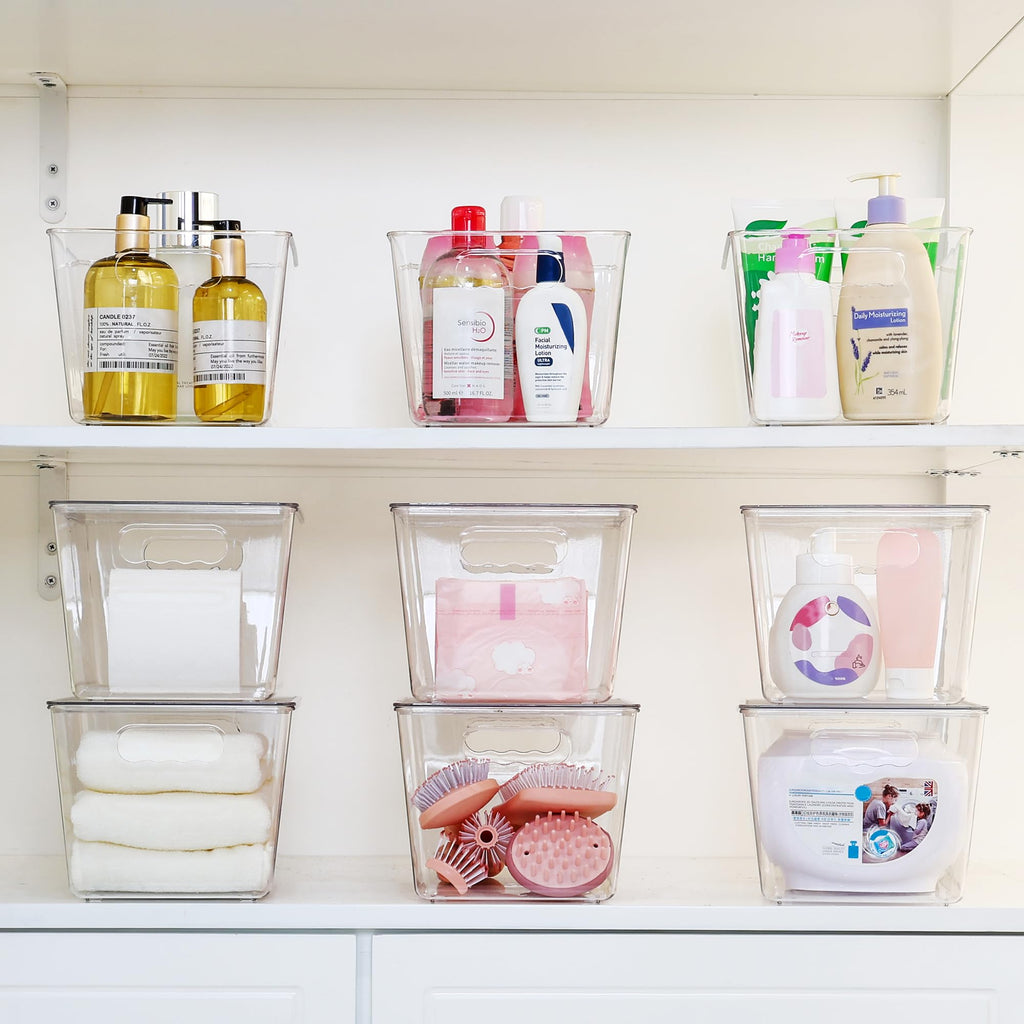 12 Pack Clear Stackable Storage Bins with Lids and Handles, Large