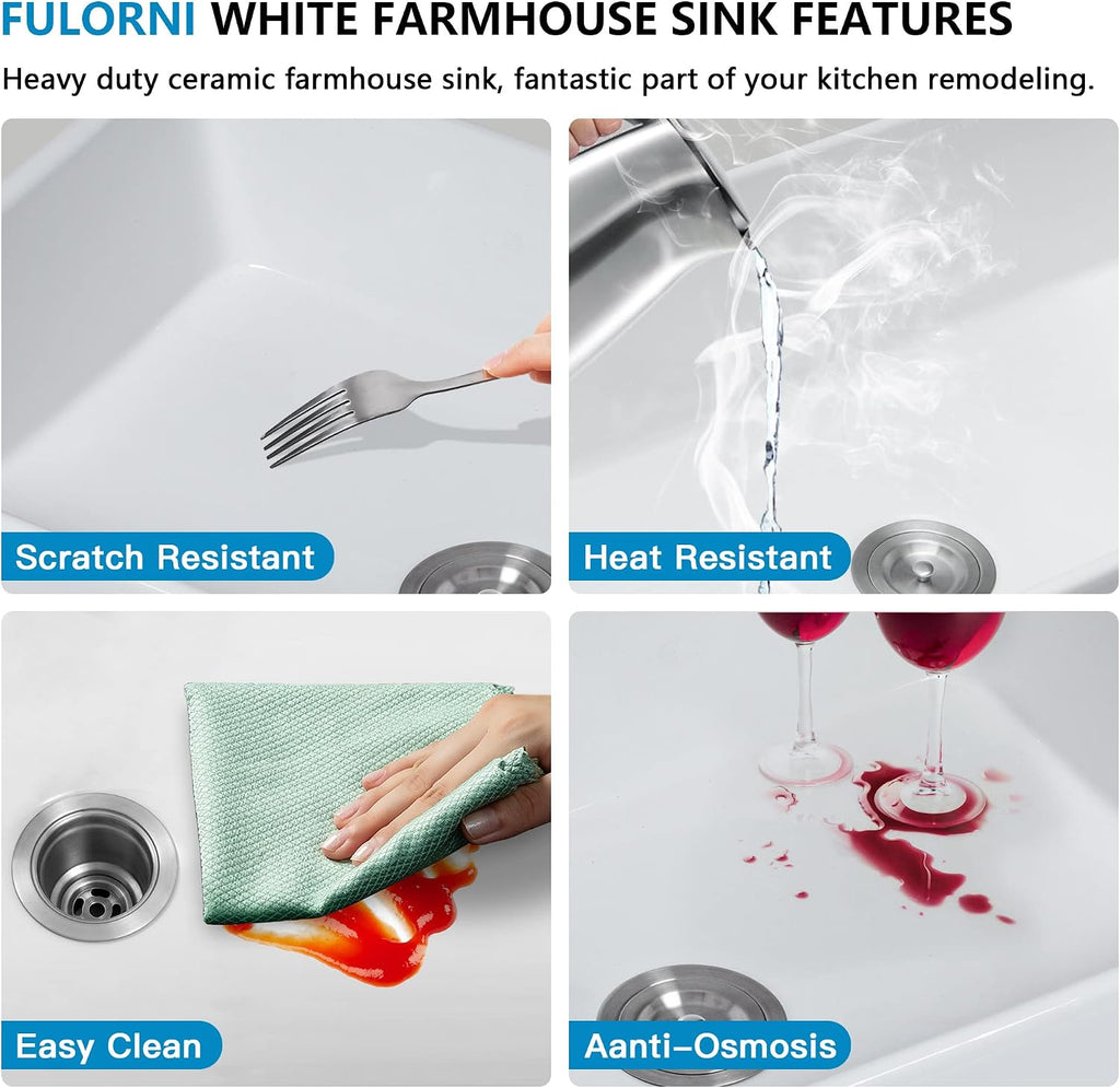 33 White Farm Sink Double Bowl - 33"×20" Apron Front Farmhouse Sink Reversible Double Bowl 50/50 Ceramic Porcelain