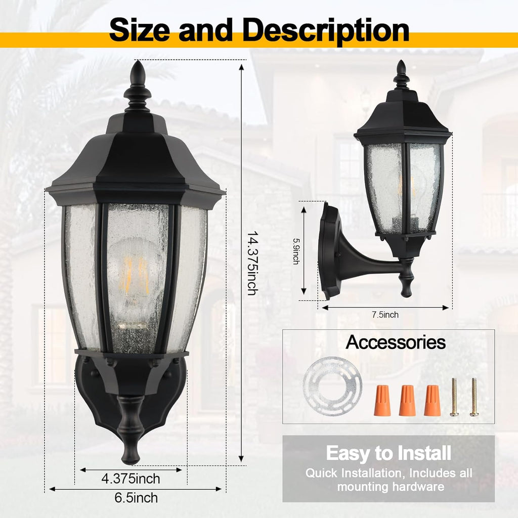 Outdoor Wall Lantern, 14 Inch Porch Light Fixtures with Seed Glass Shades, Waterproof Exterior Wall Lights