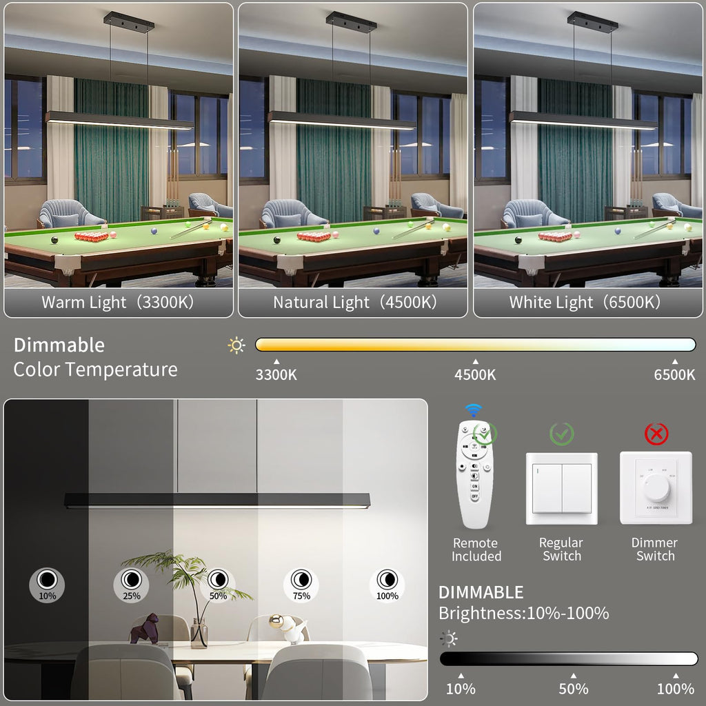 LED Island Lights, 3300k-6500K Dimmable Pool Table Light with Remote, Modern Pendant Lights, 56.29" LED Linear