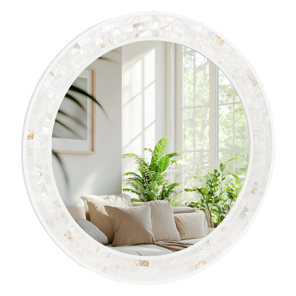 24 Inch Round Bathroom Mirror, Coastal Shell Framed Wall Decor