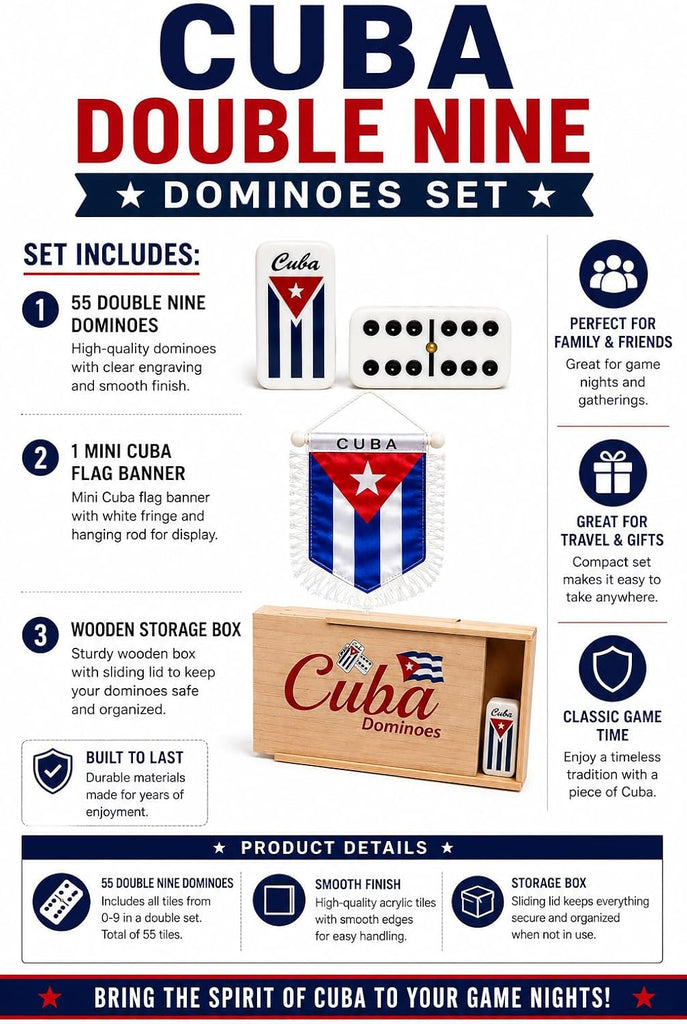 Cuban Dominoes Adult Size Double Nine Set with Wooden Box and Cuban Flag